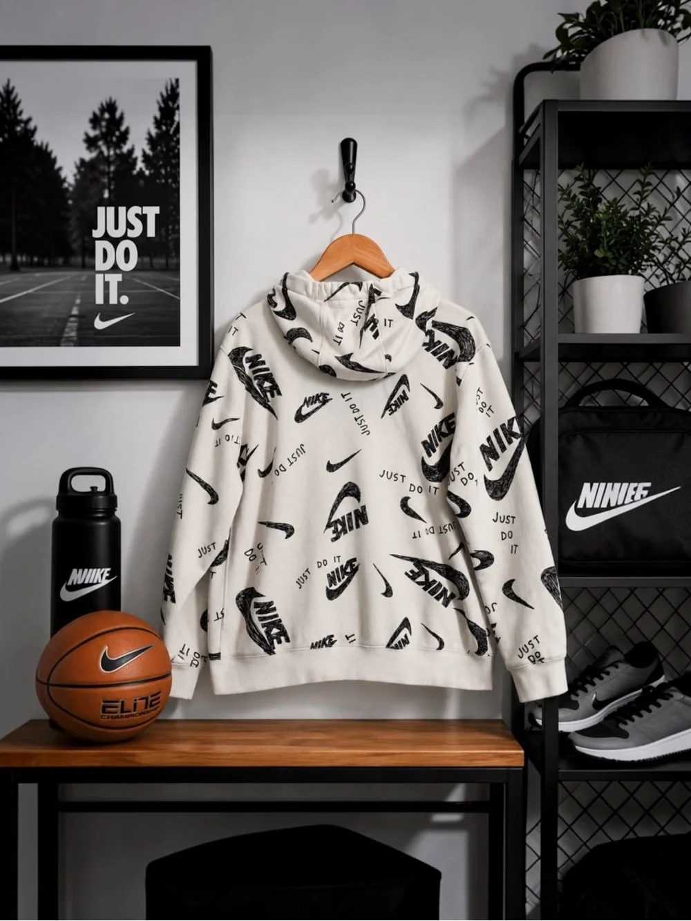 Nike Just Do It All Over Print Hoodie Men’s XL White Black